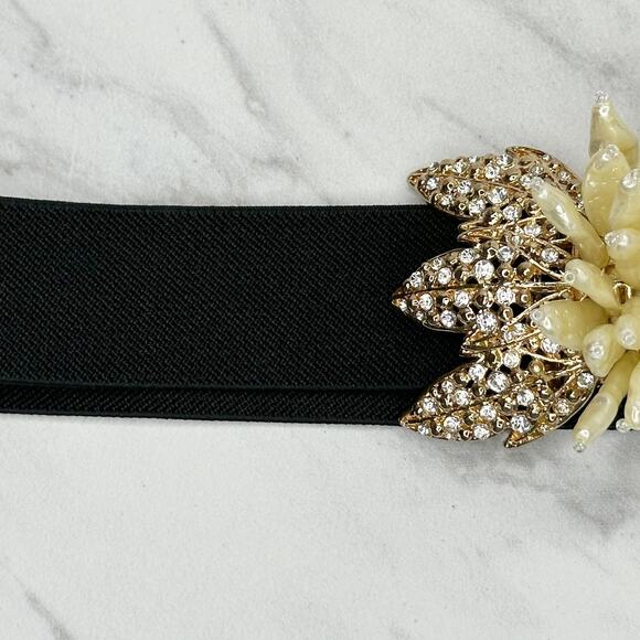 BCBGMAXAZRIA Faux Pearl Bow Black Stretch Belt S/M Cinch Waist Designer - Picture 10 of 16